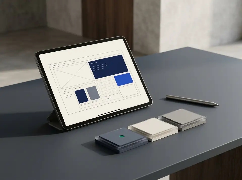 A tablet showing an app layout next to three milestone blocks, the completed one marked in green